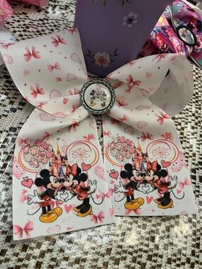 Pink Minnie & Mickey Printed Kids Hair Bow with Center Charm